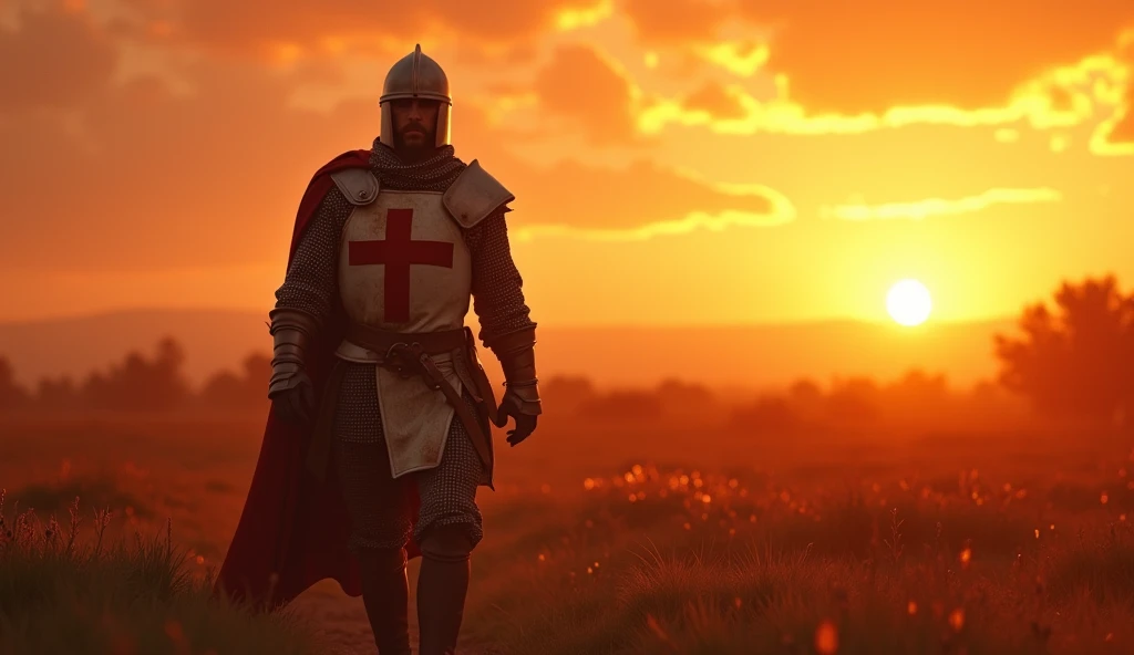 A highly realistic, high-contrast, 8K HD, detailed, hyper-detailed image of the protagonist, dressed as a Crusader knight, walking towards the viewer across a vast grassland illuminated by the warm glow of a fiery sunset. The protagonist is wearing a Crusader's armor with the red cross emblem clearly visible on his tunic and chest plate. The helmet is removed, revealing his determined and strong face. The sky is ablaze with hues of orange and red, casting a dramatic light over the scene. The atmosphere is calm yet powerful, capturing the quiet resolve of the protagonist as he strides forward, his armor reflecting the soft, golden light of the setting sun. The image is of the highest quality, with ultra-high resolution, RAW photo quality, and Unreal Engine rendering, showcasing the protagonist as he moves with purpose across the sunset-lit grassland, with the Crusader cross prominently displayed on his armor.
