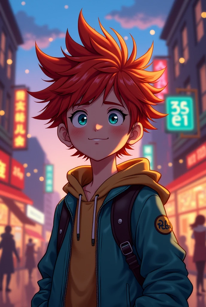 A boy with red hair, blue eyes in an anime drawing style
