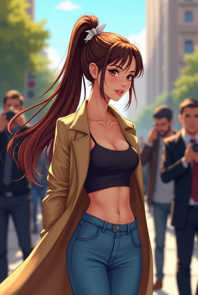 Make an anime syle drawing of an America white woman with long brown hair and fairly large breasts. She is very pretty and she is young and about 18 years old. She is wearing a small tight cropped tank top and high rise jeans on with a long tan trench coat and a white purse. She is surrounded by paparazzi and body guards. Her hair is in a pony tail and she has a white bow in