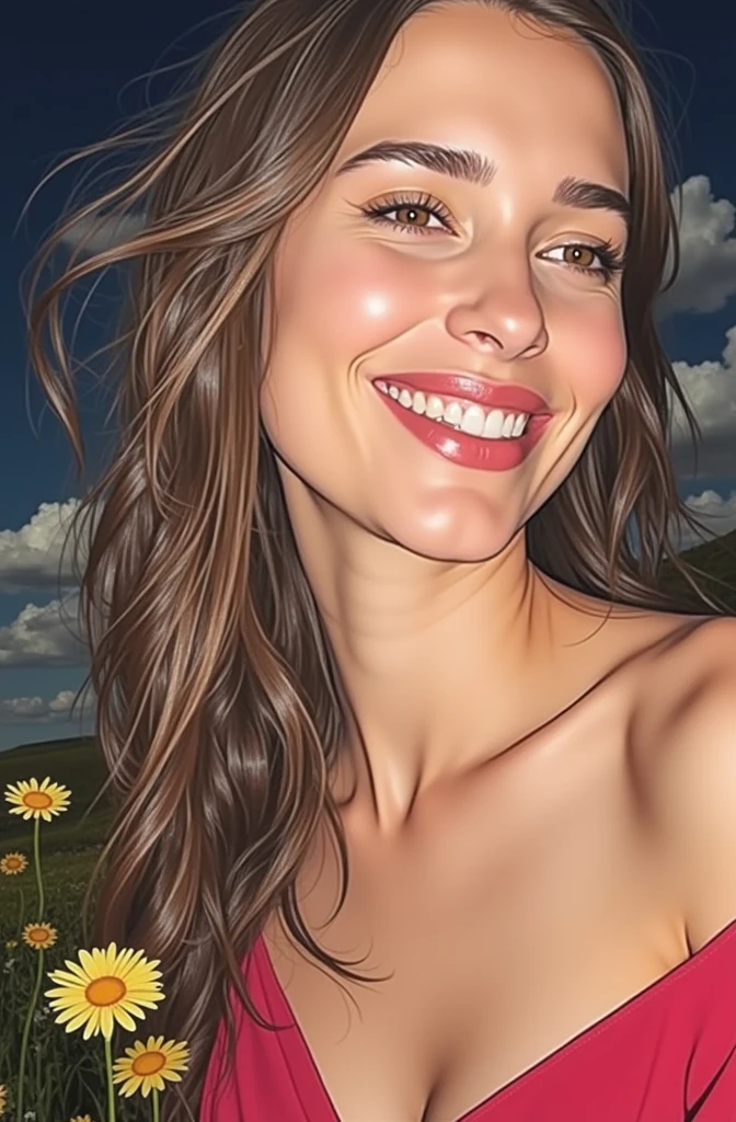 Woman wearing a red dress in a field
