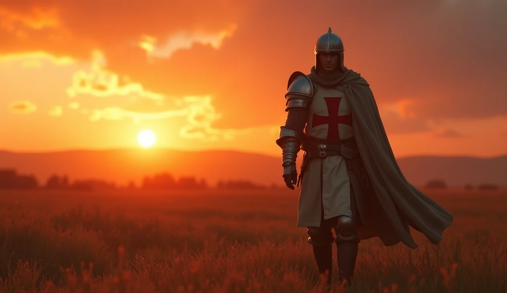 A highly realistic, high-contrast, 8K HD, detailed, hyper-detailed image of the protagonist, dressed as a Crusader knight, walking towards the viewer across a vast grassland illuminated by the warm glow of a fiery sunset. The protagonist is wearing a Crusader's armor with the red cross emblem clearly visible on his tunic and chest plate. The helmet is removed, revealing his determined and strong face. The sky is ablaze with hues of orange and red, casting a dramatic light over the scene. The atmosphere is calm yet powerful, capturing the quiet resolve of the protagonist as he strides forward, his armor reflecting the soft, golden light of the setting sun. The image is of the highest quality, with ultra-high resolution, RAW photo quality, and Unreal Engine rendering, showcasing the protagonist as he moves with purpose across the sunset-lit grassland, with the Crusader cross prominently displayed on his armor.