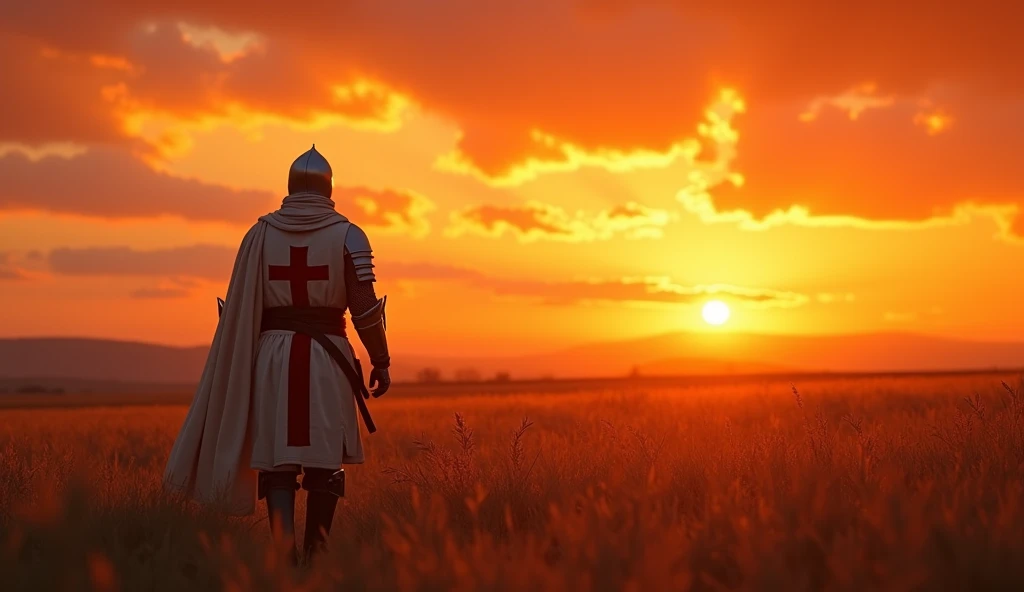 A highly realistic, high-contrast, 8K HD, detailed, hyper-detailed image of the protagonist, dressed as a Crusader knight, walking towards the viewer across a vast grassland illuminated by the warm glow of a fiery sunset. The protagonist is wearing a Crusader's armor with the red cross emblem clearly visible on his tunic and chest plate. The helmet is removed, revealing his determined and strong face. The sky is ablaze with hues of orange and red, casting a dramatic light over the scene. The atmosphere is calm yet powerful, capturing the quiet resolve of the protagonist as he strides forward, his armor reflecting the soft, golden light of the setting sun. The image is of the highest quality, with ultra-high resolution, RAW photo quality, and Unreal Engine rendering, showcasing the protagonist as he moves with purpose across the sunset-lit grassland, with the Crusader cross prominently displayed on his armor.
