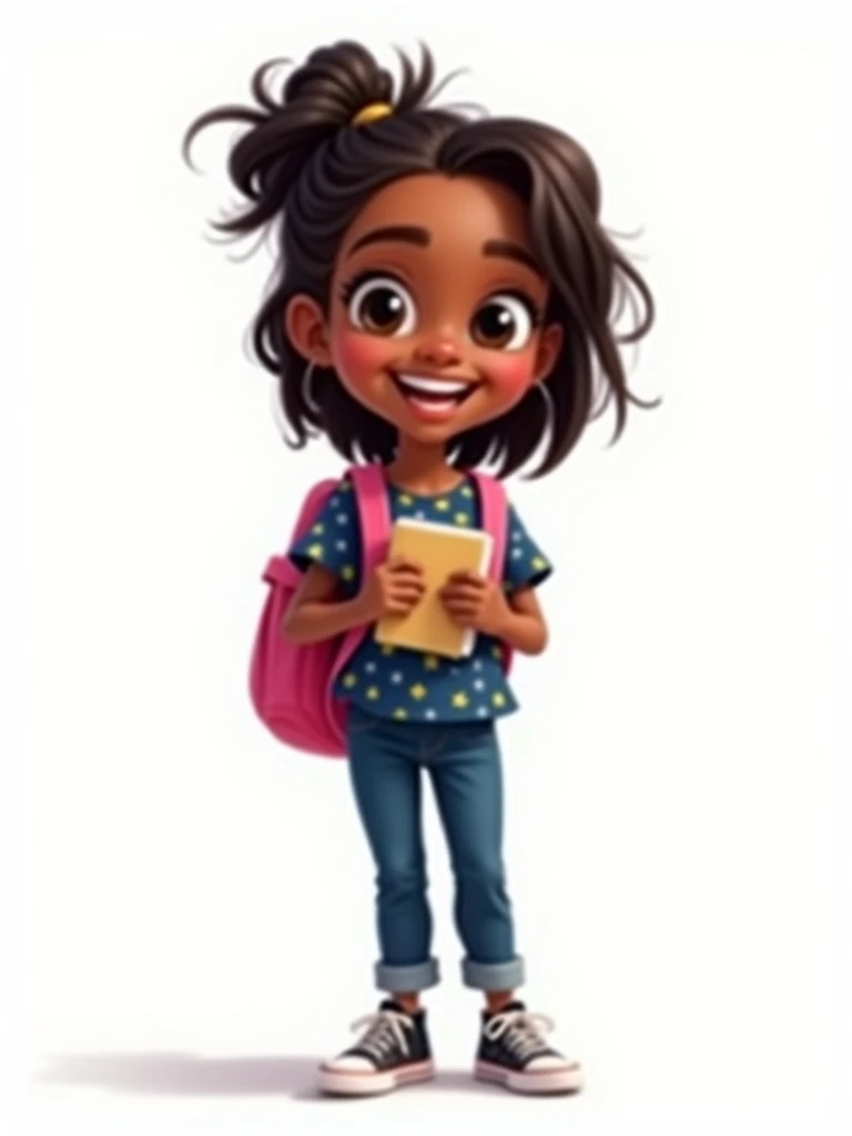 A 6-year-old girl with dark skin, straight hair, wearing a dark blue, yellow and white blouse, dark blue pants and black sneakers. She is holding a notebook, smiling, with a pink backpack on her back, 2D style drawing, on a white background.
