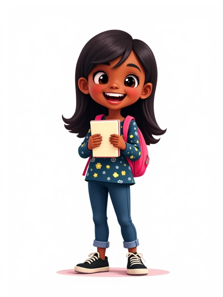 A  with dark skin, straight hair, wearing a dark blue, yellow and white blouse, dark blue pants and black sneakers. She is holding a notebook, smiling, with a pink backpack on her back, 2D style drawing, on a white background.