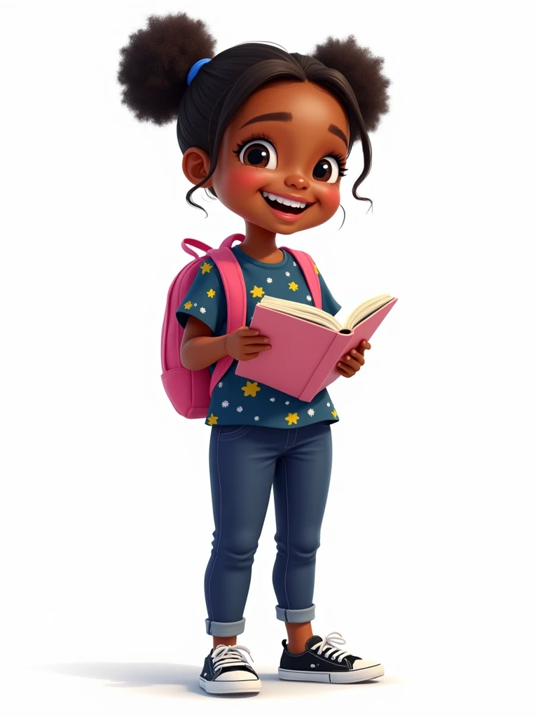 A 6-year-old girl with dark skin, straight hair, wearing a dark blue, yellow and white blouse, dark blue pants and black sneakers. She is holding a notebook, smiling, with a pink backpack on her back, 2D style drawing, on a white background.