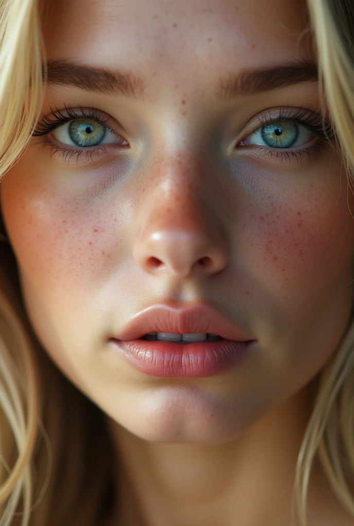 beautiful detailed eyes, beautiful detailed lips, extremely detailed eyes and face, long eyelashes, beautiful young woman, 20 year old woman, long blonde hair, green-blue eyes, light freckles, (best quality,4k,8k,highres,masterpiece:1.2),ultra-detailed,(realistic,photorealistic,photo-realistic:1.37),natural lighting, soft shadows, warm color palette, detailed skin texture, detailed facial features, delicate feminine features