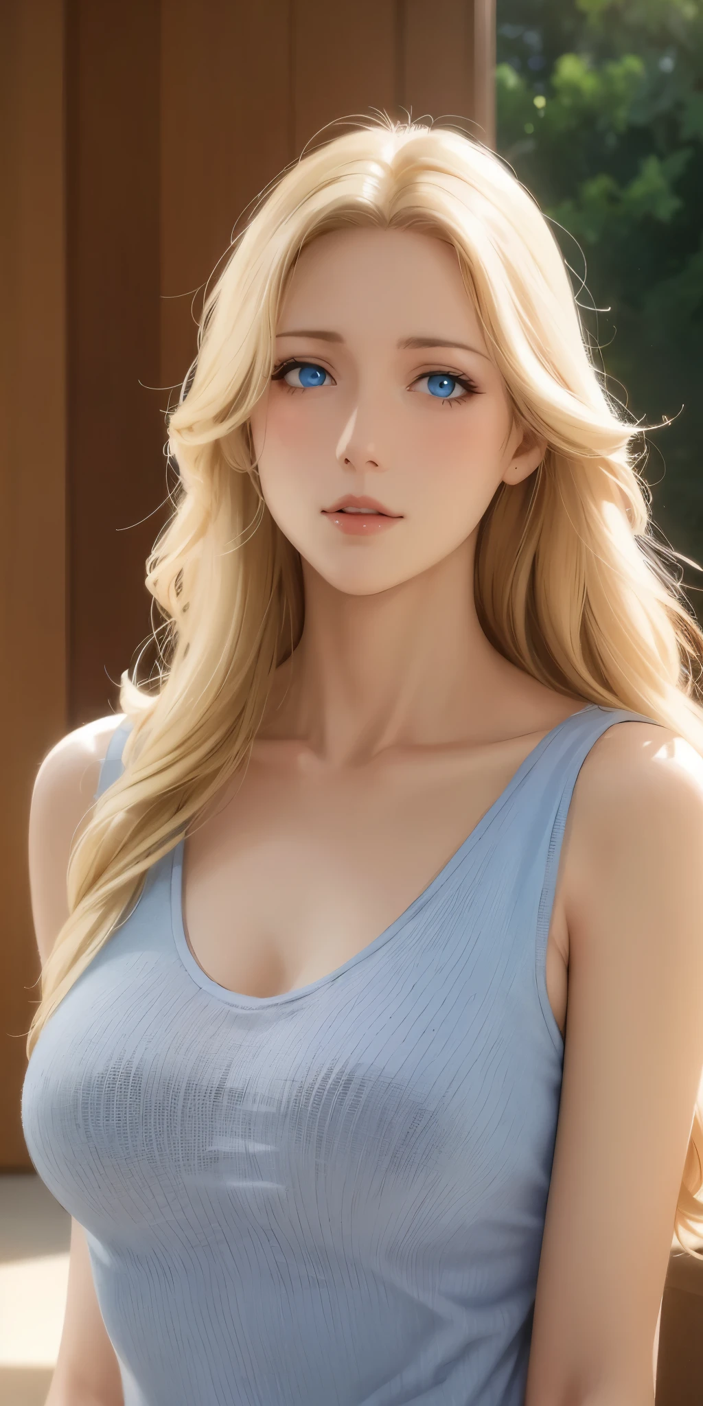 Elegant mature female, blue eyes, blonde hair, soft light, high detailed, 4k resolution, high quality, beautiful cg, 