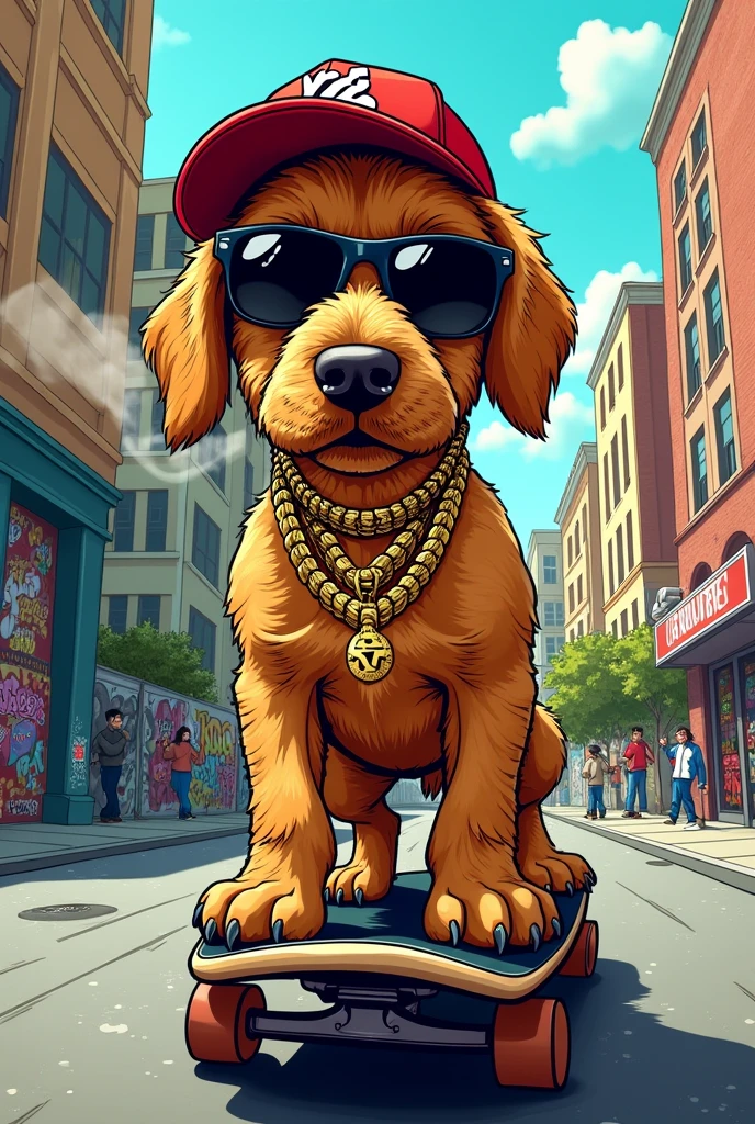 ((drawing)), ((comic art)) cool, a dogg with a cap on the head, golden chains and black sunglasses. He’s on a scateboard and he is smoking