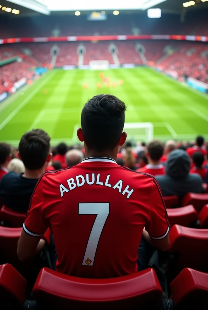 Generate me a pic that I am watching a premier league game between Manchester United and Fulham wearing a Manchester United shirt. The picture should be taken from behind and the name on shirts back will be Abdullah and number 7 on it.