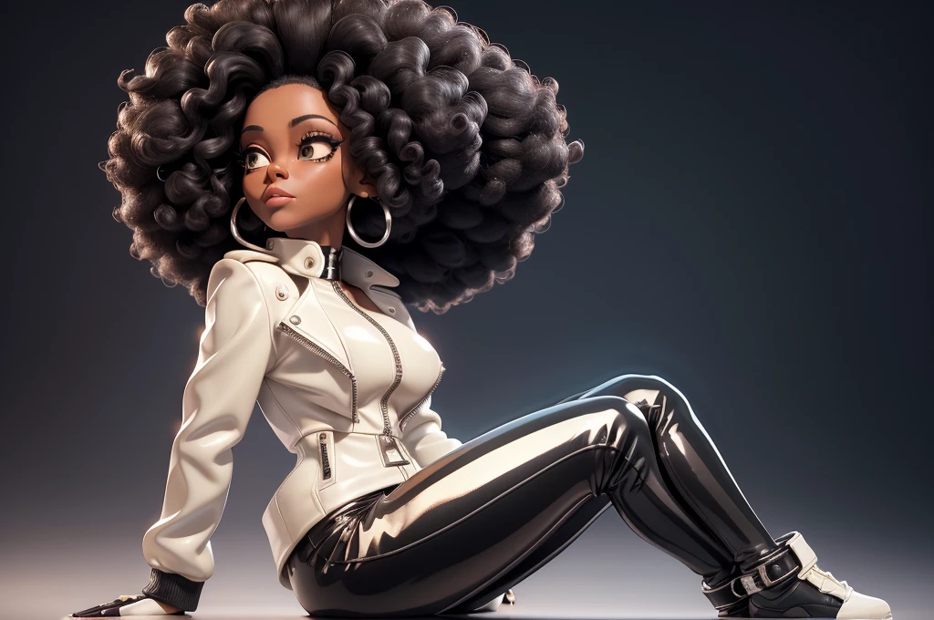 obra prima, melhor qualidade, ((only one woman,)) ((diana ross, dark black skin, afro style hair,)) erect cone tits, ((wearing shiny cream leather biker moto jacket,)) ((jacket has padded shoulders, jacket has stiff high collar,)) (((wearing shiny cream leather pants,))) (((pants unzipped showing pussy,))) body is very skinny, ((sitting back, legs spread,)) ((camera front view of body,)) shallow depth of field, highres, HD, 8k, anatomically correct