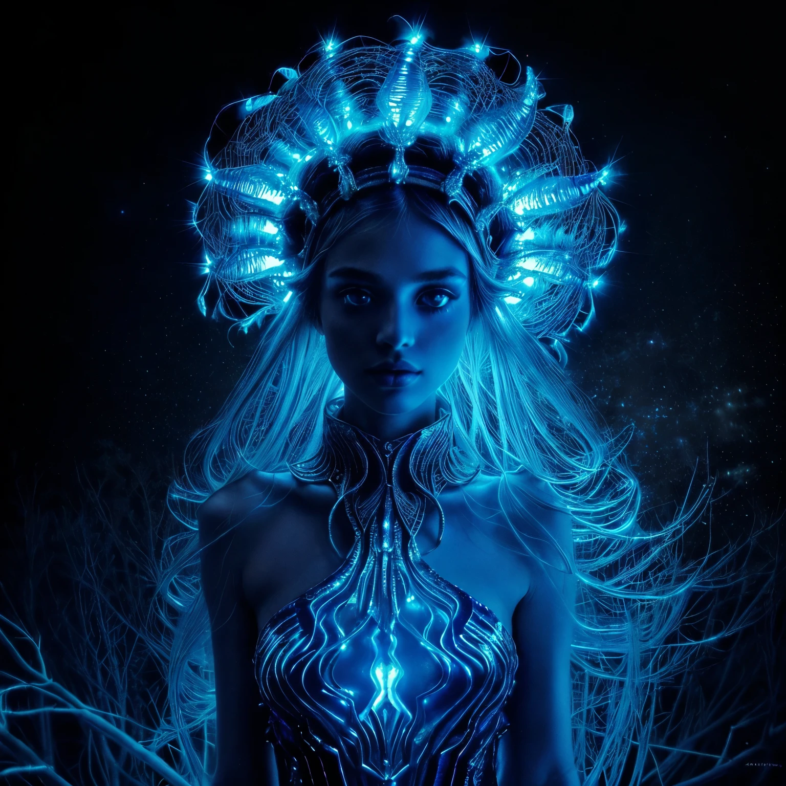 (in Don Bluth style:1.4), (masterpiece:1.2), (female entity with a shimmering exoskeleton of iridescent chitin and multifaceted eyes that reflect a thousand galaxies, adorned in a bioluminescent fungal growth mimicking a regal mantle and a headdress of pulsating tendrils, rendered in a surreal bio-organic style with alien flora and fauna, wearing unique Avant-garde masterpiece attire and headdress:1.1), (illuminated by the soft glow of bioluminescent mushrooms, set against the backdrop of a desolate lunar landscape bathed in the cold light of distant stars:1.1), (hyperdetailed:1.1), (intricate details:1.0), (Refined details:1.1), (best quality:1.1), (very stylish detailed modern haircut, mesmerizing detailed radiant face, mesmerizing detailed beautiful eyes:1.2)