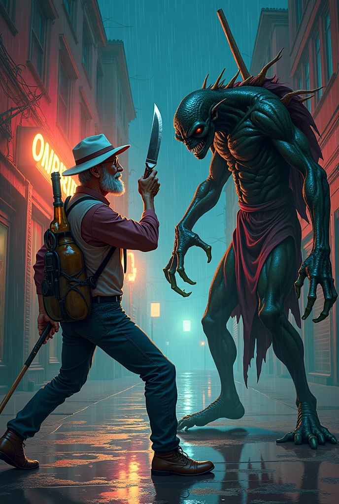 Create an anime-style fight scene between an old man.Skinny with a white hat wielding a machete , a pool cue on his back,a bottle of beer,against a tall, thin black creature with green tentacles on its hands