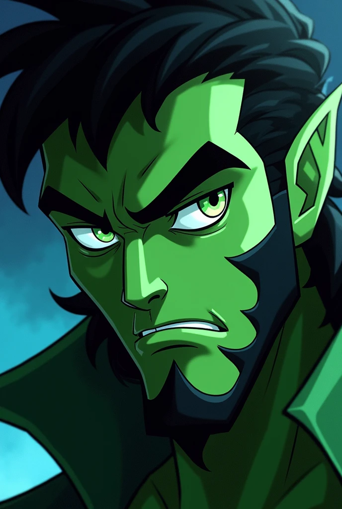 Humanoid ben 10 azmuth face(galvan)
Green eyes, beautiful jawline, reptile but smart,cool skin,smart but grumpy aura in face,a wise sensation,black curly and smart hair,,,super cool appearance