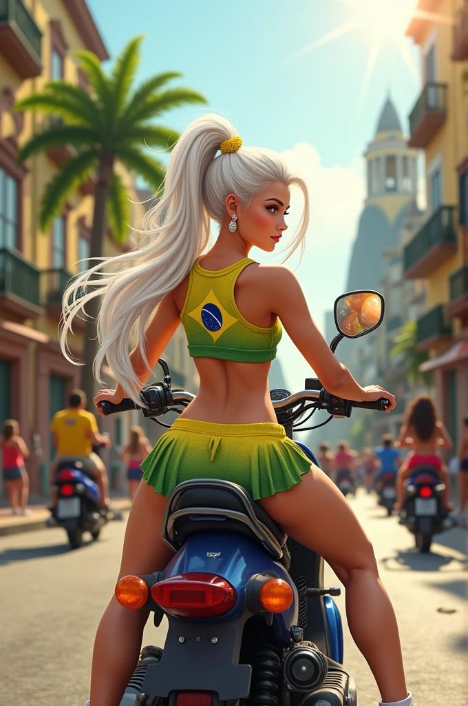 A girl with long natural white hair, with a ponytail hairstyle,she will be wearing a Brazil cropped top and a Brazil mini skirt and white sandals,I want her sitting on the back of a motorcycle delivery guy in Rio de Janeiro