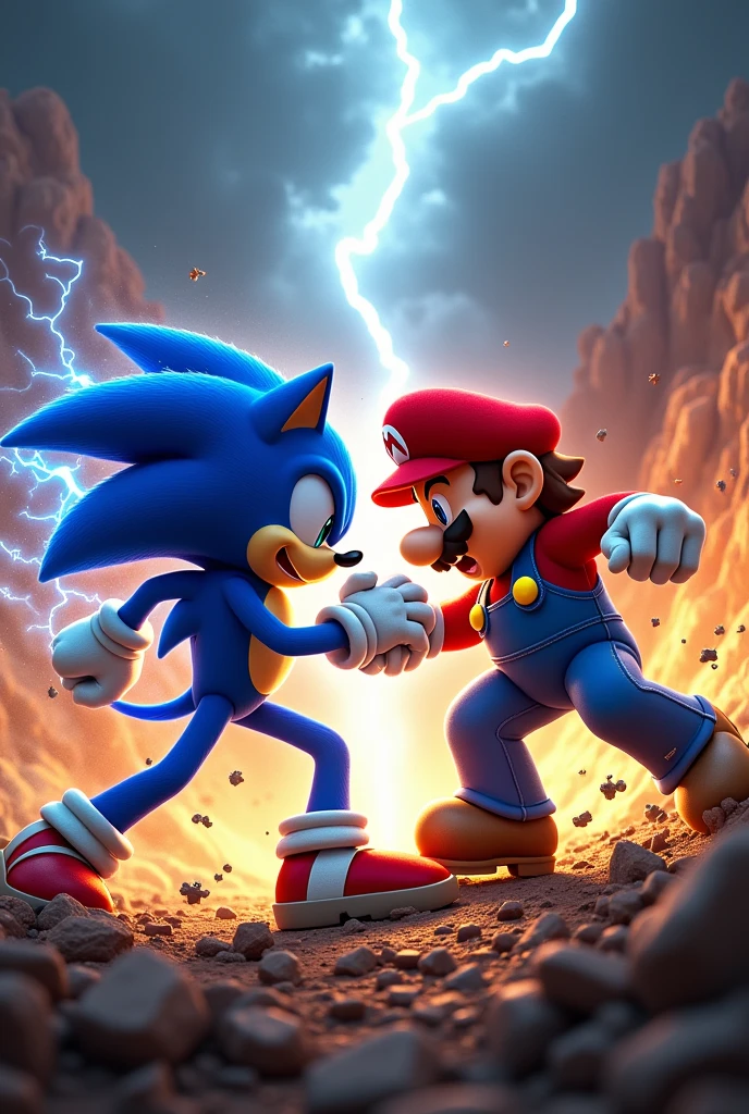 Give me an image of an ultimate fight between Sonic and Mario at their maximum potential, so brutal that the earth shakes and they clash fists to the point of opening a crack in the sky. Make it as realistic and violent as possible.