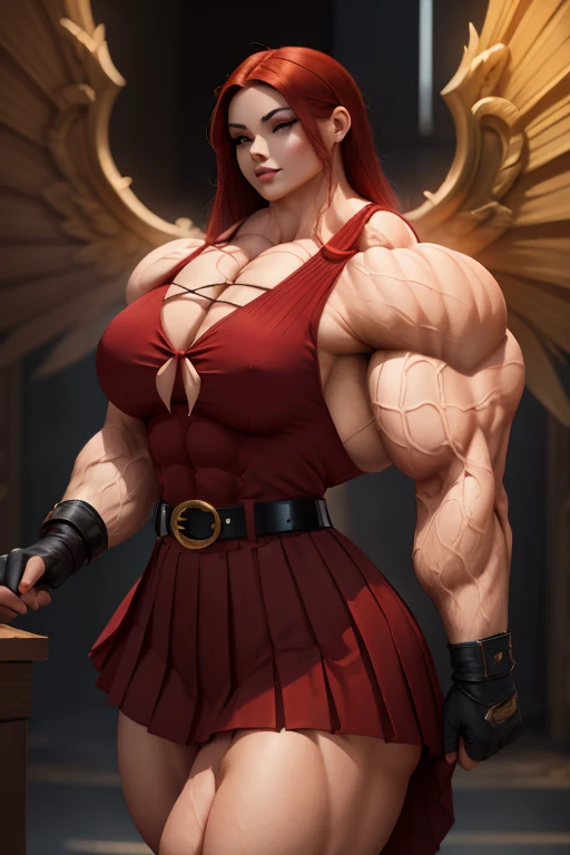 ((Close-up)), tall, (red hair) beautiful muscular asian woman, long hair, pale white skinned, closed smile, (black lipstick), (massive muscles), (hyper muscle), (((ginormous bulky muscles))), yellow eyes, (((sleeveless red pleated shirt))), (giant angel wings), (((long pleated skirt with belt))), fingerless gloves, necktie, thigh highs, on a skyscraper, 