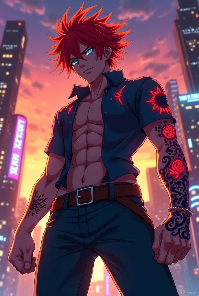 A man with red hair, blue eyes in an anime drawing style
