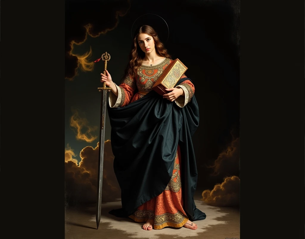 Saint Catherine of Alexandria holding a sword and a book as the patron saint of philosophers in the Baroque style.