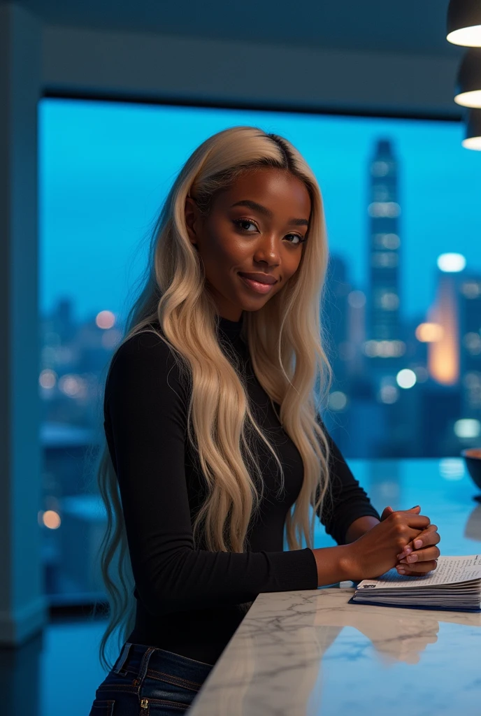 hyper realistic portrait of skai Jackson, dark skinned black girl, 19 years old, with long blonde hair and brown eyes. She should have a natural, approachable expression and be lit by soft, blue light, canon eos r5, raw format, setting is a cozy modern futuristic kitchen, secret files scattered on the marble countertop, panoramic window view of new york city, night, dark lighting, futuristic
