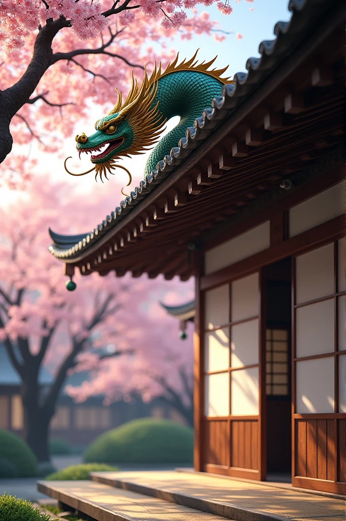 Traditional Japanese house adorned with a Japanese dragon