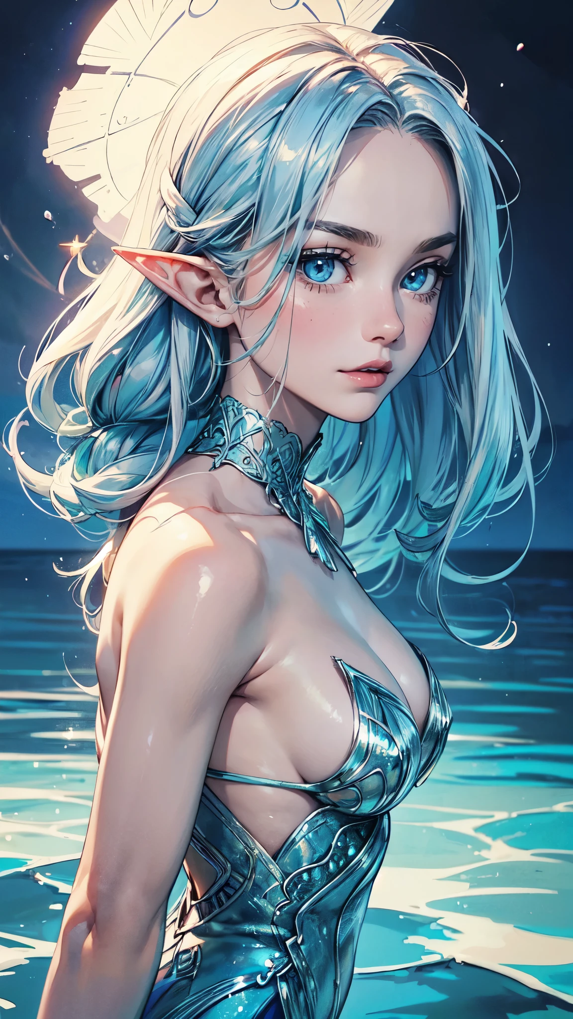 masterpiece, top quality, super detailed, high resolution, (ink painting style), excellent anatomy, beautiful 1 woman, art by Cornflower, ((arms behind back)), the image of an albino girl with a mysterious aura, beautiful detailed blue eyes, blue elegant clothes, blue long hair, elegant face, (highly detailed elegant), sideways glance, view from side, down light, through delicate lines and gorgeous colors, captivating smile, ethereal glow, there was a beautiful ocean with crystal clear water and water droplets on the surface, create an ethereal atmosphere like a dream, best light, best shadow, mysterious, perfect face, highly detailed,xy pose,detailed face, detailed eyes, detailed hands, elf woman,wet,