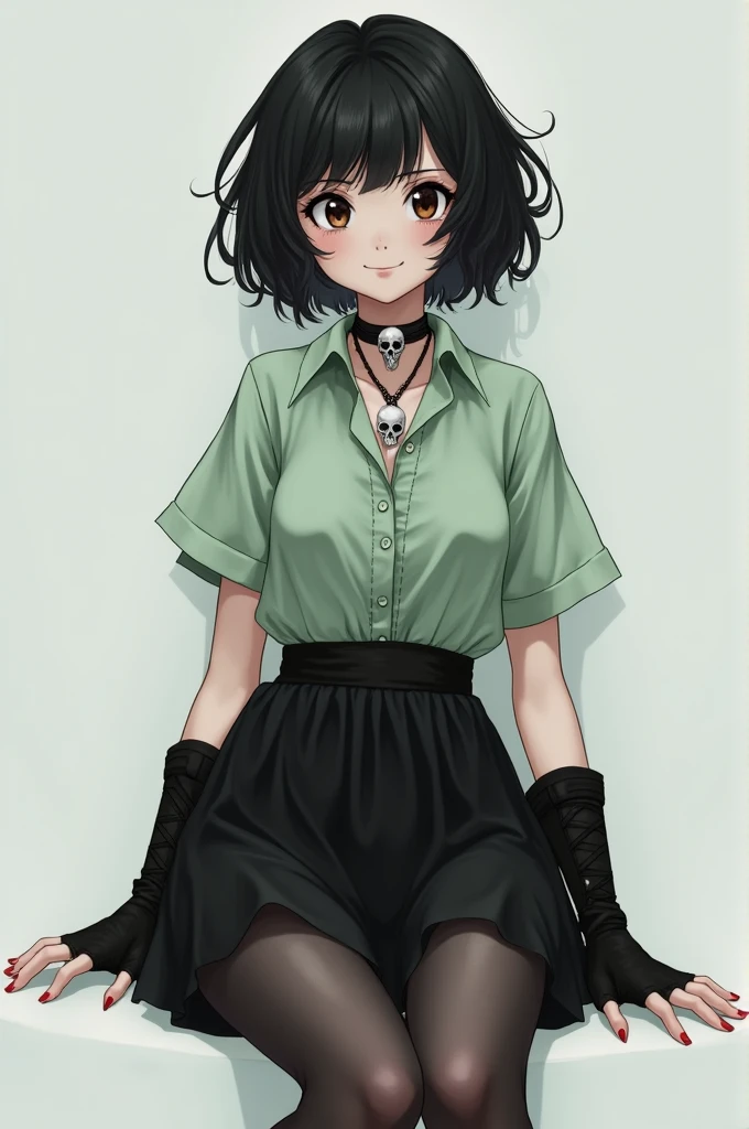 The girl had black hair, short, Wavy; slanted brown eyes; white; stomach 1,75; slightly big breasts; she wore a pastel green shirt, loose hair, black skirt, black but slightly transparent and long stockings, gothic boots, long black fingerless gloves and a skull necklace; 15 years