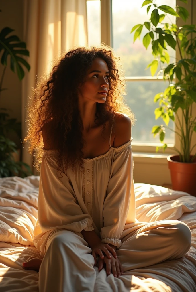 (photorealism:1.2), beautiful woman, sitting on bed, wearing loose off-shoulder top, pajama pants, long curly hair, indoors, soft lighting, plants in background, window with sunlight, cozy room, relaxed pose, realistic, intricate details, warm colors, by Greg Rutkowski, by Alphonse Mucha