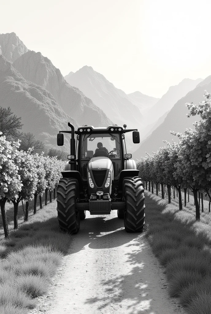 Pencil drawing of a modern medium tractor entering a vineyard with mountains in the background and the sun rising between them