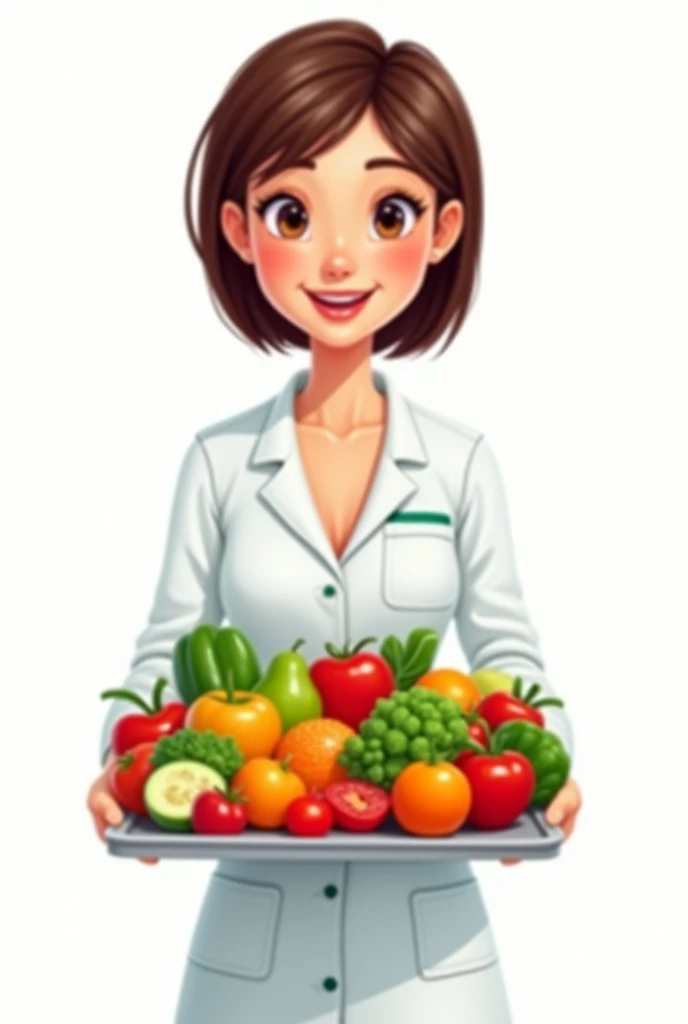 Young female nutritionist with short straight hair and a lab coat holding a tray with fruits and vegetables in a cartoon style with no background