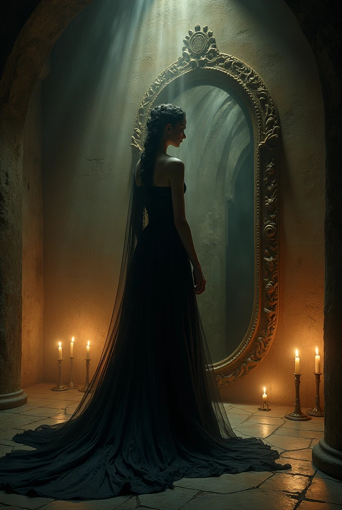 Lilith ignites fear in a feeling of love through the secret mirror dark realistic image with alchemical symbols