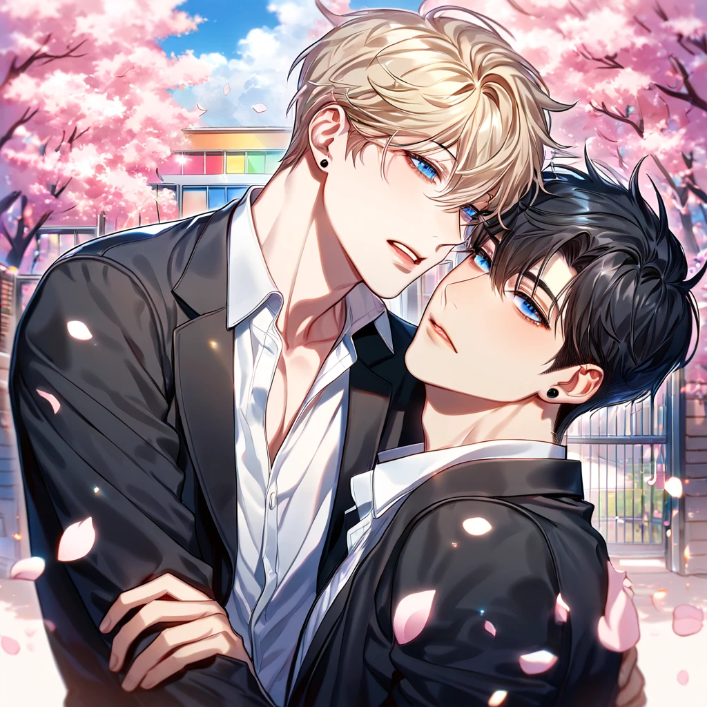 absurdres, highres, ultra detailed, HDR, master piece, best quality, extremely detailed face, delicated features, Kang Woojin, black hair, messy hair, expressive dark blue eyes, Love Jinx, Lim Haegyung, ash-blonde hair, hair between the eyes, expressive blue eyes, two sexy men together, yaoi, gay couple, handsome, sensual, uniform, black jacket, white shirt, unbuttoned, black piercings, cherry blossoms, pink flowers, pink butterflies, pink petals, school, school gate
