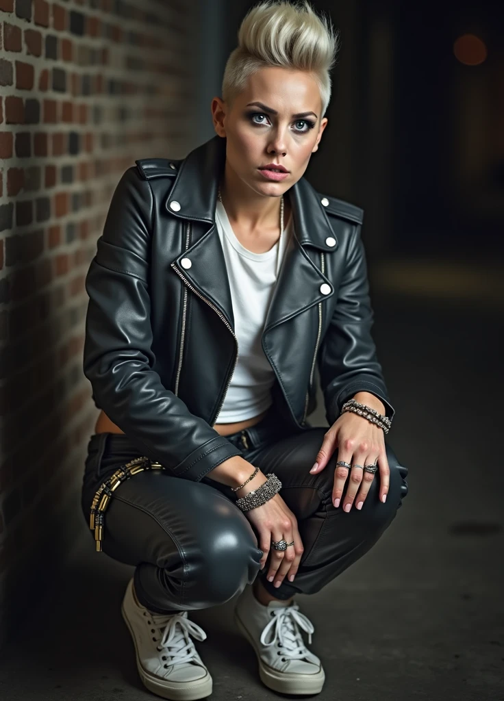 Old russian milf, platinum blonde hair in pompadour style with shaved sides, with very light blue eyes, pale, lots of eye shadows. Wearing black moto jacket, cropped rock t-shirt, black leather jeans and white tennis sneakers. Bullet belt, lots of rings and studded bracelets , Very scared, trying to hide