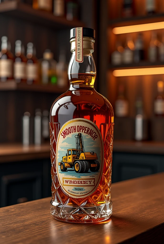 (photorealism:1.2), bottle of whiskey, logo with digger derrick truck and name smooth operator