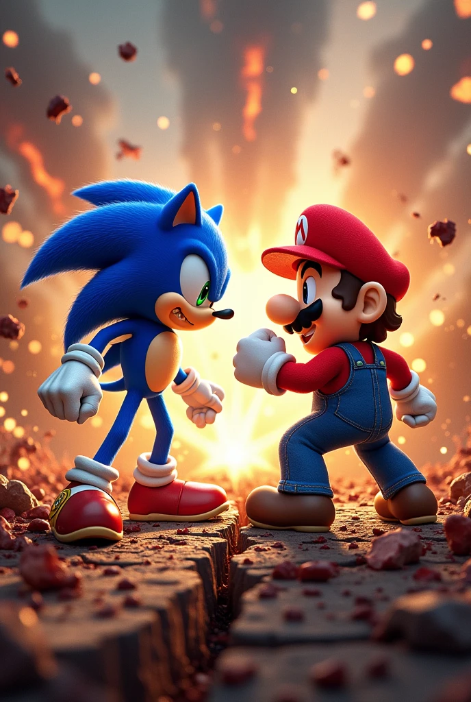 Give me an image of an ultimate fight between Sonic and Mario at their maximum potential, so brutal that the earth trembles and they clash with their fists to the point of opening a crack in the sky, in a more realistic and violent way, and in a more bloody manner.