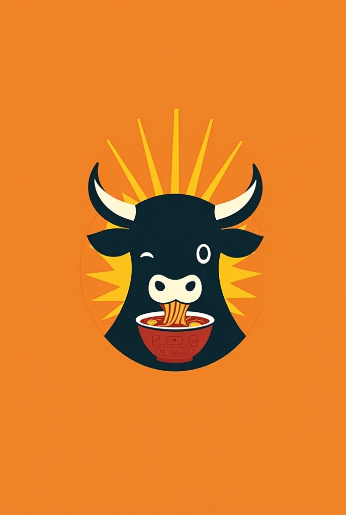 minimalist logo, that has Japanese and Mexican style, floating bull head eating ramen, winking, on an orange background.