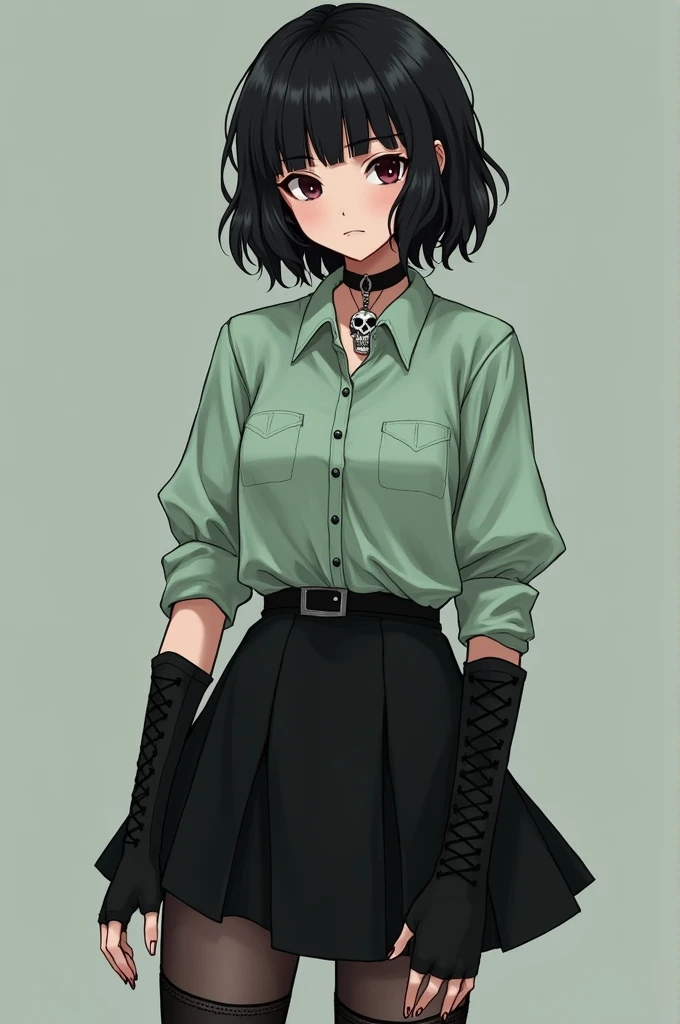 The girl had black hair, short, Wavy; slanted brown eyes; white; stomach 1,75; slightly big breasts; she wore a pastel green shirt, loose hair, black skirt, black but slightly transparent and long stockings, gothic boots, long black fingerless gloves and a skull necklace; 15 years