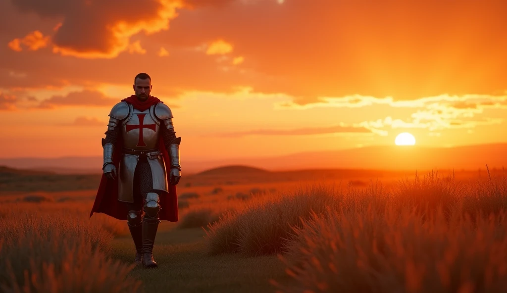 A highly realistic, high-contrast, 8K HD, detailed, hyper-detailed image of the protagonist, dressed as a Crusader knight, walking towards the viewer across a vast grassland illuminated by the warm glow of a fiery sunset. The protagonist is wearing steel armor with a red cross emblem directly painted on the chest plate. The helmet is removed, revealing his determined and strong face. The sky is ablaze with hues of orange and red, casting a dramatic light over the scene. The atmosphere is calm yet powerful, capturing the quiet resolve of the protagonist as he strides forward, his armor reflecting the soft, golden light of the setting sun. The image is of the highest quality, with ultra-high resolution, RAW photo quality, and Unreal Engine rendering, showcasing the protagonist as he moves with purpose across the sunset-lit grassland, with the Crusader cross prominently painted on his armor.