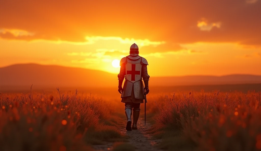 A highly realistic, high-contrast, 8K HD, detailed, hyper-detailed image of the protagonist, dressed as a Crusader knight, walking towards the viewer across a vast grassland illuminated by the warm glow of a fiery sunset. The protagonist is wearing steel armor with a red cross emblem directly painted on the chest plate. The helmet is removed, revealing his determined and strong face. The sky is ablaze with hues of orange and red, casting a dramatic light over the scene. The atmosphere is calm yet powerful, capturing the quiet resolve of the protagonist as he strides forward, his armor reflecting the soft, golden light of the setting sun. The image is of the highest quality, with ultra-high resolution, RAW photo quality, and Unreal Engine rendering, showcasing the protagonist as he moves with purpose across the sunset-lit grassland, with the Crusader cross prominently painted on his armor.