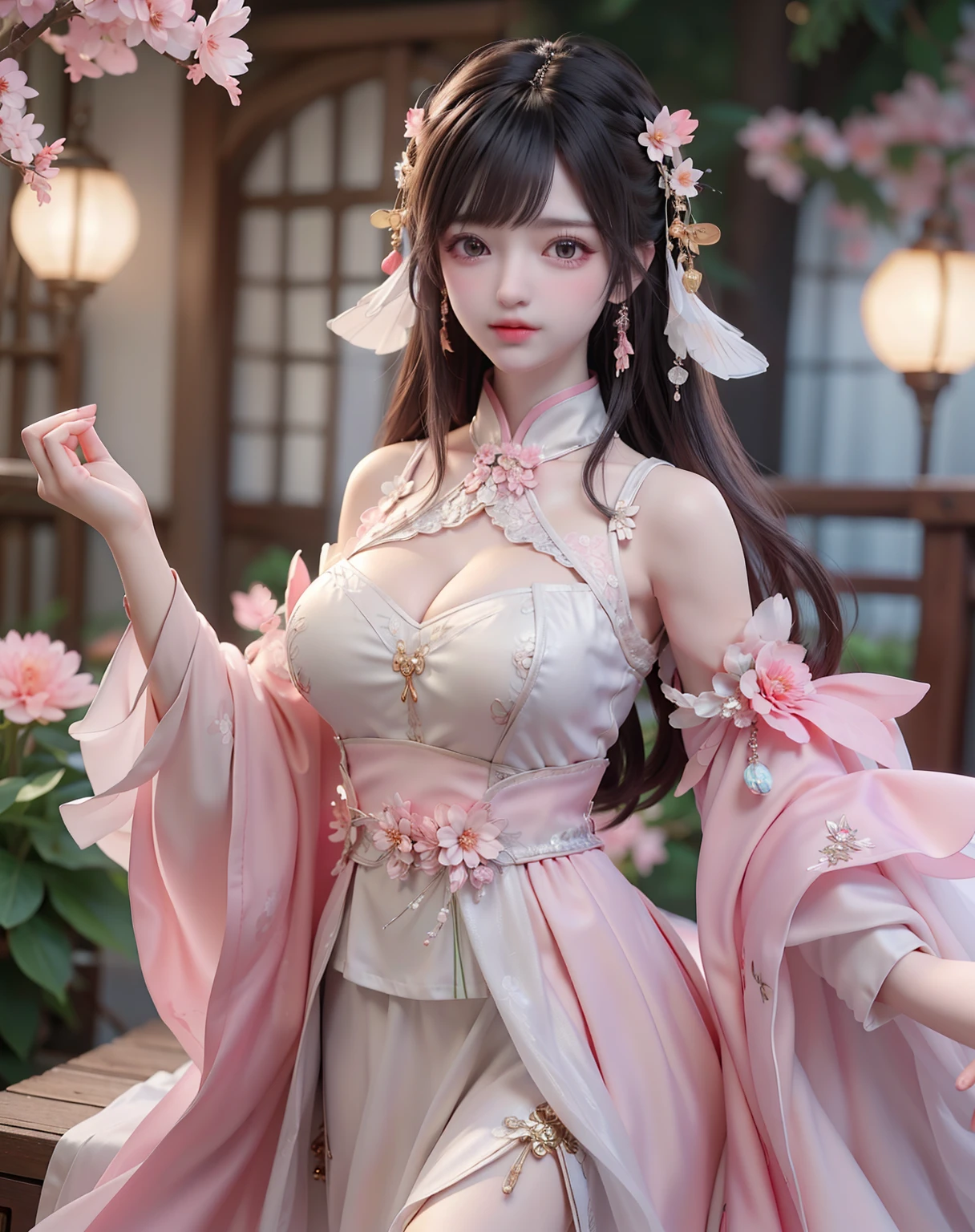 (8k, RAW photo:1.2), best quality, ultra high res,dramatic angle,(fluttered detailed color splashs), (illustration),(((1 girl))),(long hair),(rain:0.9), (Headdress:1.4),There is an ancient palace beside the girl,Hanfu,(Key Points),Color ink painting,(Splash of Color),Splash of Color,(((colorful))),(sketch:0.8) , Masterpiece, best quality, beautiful painted, highly detailed,(denoising:0.6),[splash ink],((ink refraction)), (beautiful detailed sky),moon,highly,detaild,(masterpiece, best quality, extremely detailed） CG Unity 8k Wallpaper，masterpiece，best quality，Ultra Detailed），（Lycoris）. hanfu open v open V-chested clothes Thin silk lace dress , (huge ，cleavage),, white pink and gren，best qualtiy，tmasterpiece，Ultra-high resolution，（Reality：1.4），RAW photogr，（True skin texture：1.3），（filmgrain：1.3），（Selfie angle），1个Giant Breast Girl，Beautiful eye and face details，tmasterpiece，Best quality at best，，The chest more exposed， detailed brapurple , detail 8k, upper body, lace petticoat
