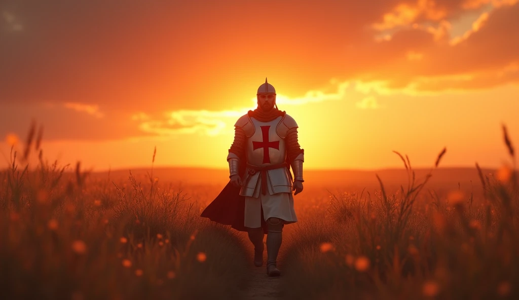 A highly realistic, high-contrast, 8K HD, detailed, hyper-detailed image of the protagonist, dressed as a Crusader knight, walking towards the viewer across a vast grassland illuminated by the warm glow of a fiery sunset. The protagonist is wearing steel armor with a red cross emblem directly painted on the chest plate. The helmet is removed, revealing his determined and strong face. The sky is ablaze with hues of orange and red, casting a dramatic light over the scene. The atmosphere is calm yet powerful, capturing the quiet resolve of the protagonist as he strides forward, his armor reflecting the soft, golden light of the setting sun. The image is of the highest quality, with ultra-high resolution, RAW photo quality, and Unreal Engine rendering, showcasing the protagonist as he moves with purpose across the sunset-lit grassland, with the Crusader cross prominently painted on his armor.
