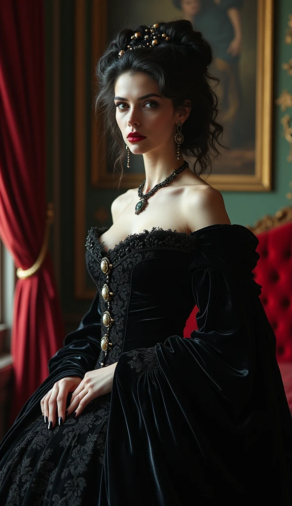 portraiture of a refined, Victorian-era lady vampire, mysterious, dark, 19th century Inspired, intricately adorned, velvet, silk, and lace, oil on canvas, highly detailed, photorealism, Alphonse Mucha's ornate Art Nouveau, Caravaggio's dramatic, high-contrast lighting, Irwin Penn's cinematic, soft, misty atmosphere, lavish, ornate, gothic architecture, heavy drapery, Baroque-inspired furniture, subtle, eerie ambiance, dark, red lips, porcelain skin, elaborate hairstyle, cameos, brooches, and jewelry, mysterious,