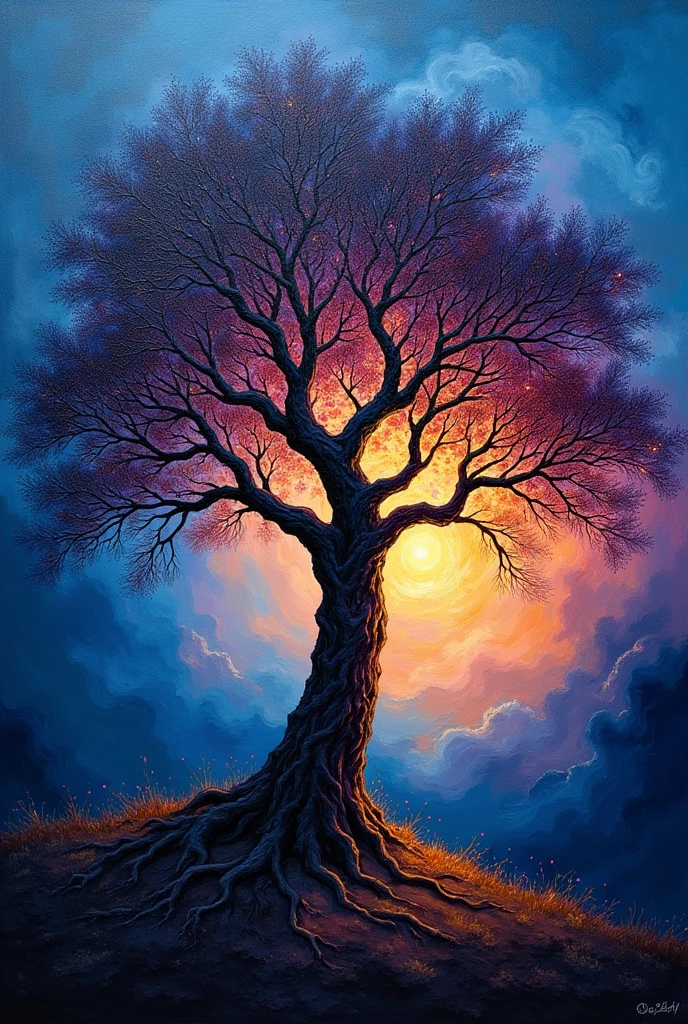 a thick shiny textured oil painting, backlit tree, impasto brushstrokes, abstract sky, moody masterpiece, magical color scheme