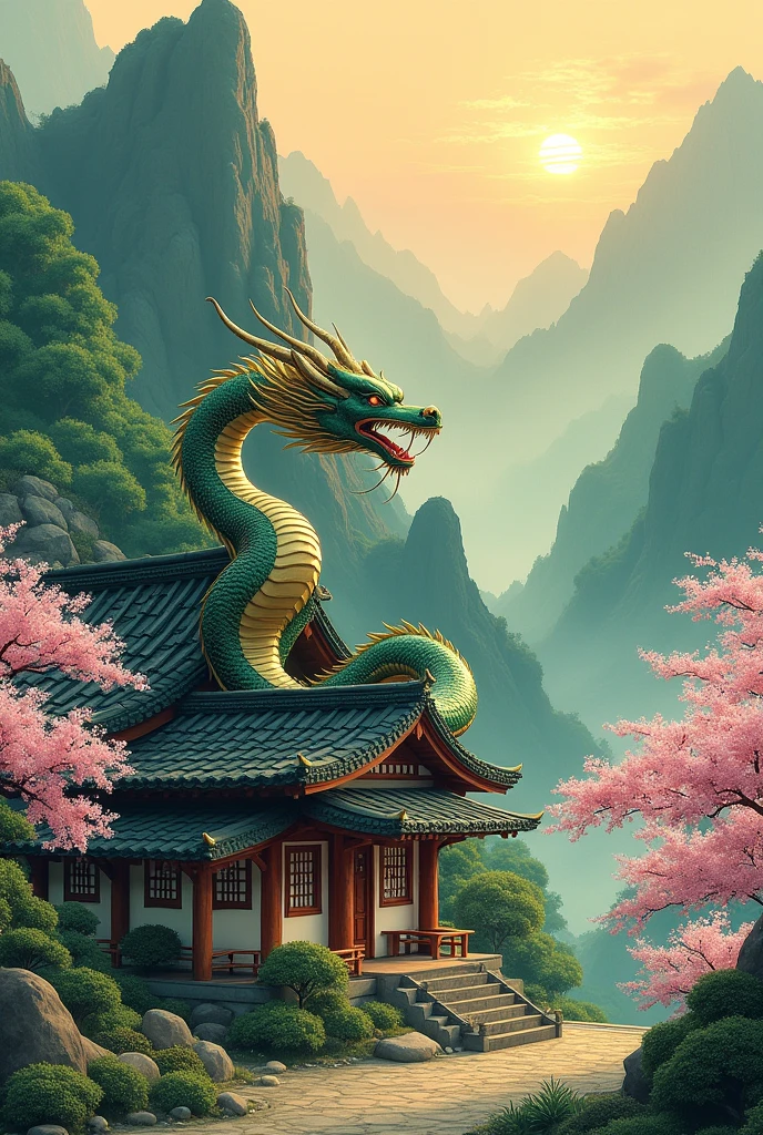 Traditional Japanese house in a mountain surrounded by a Japanese dragon 