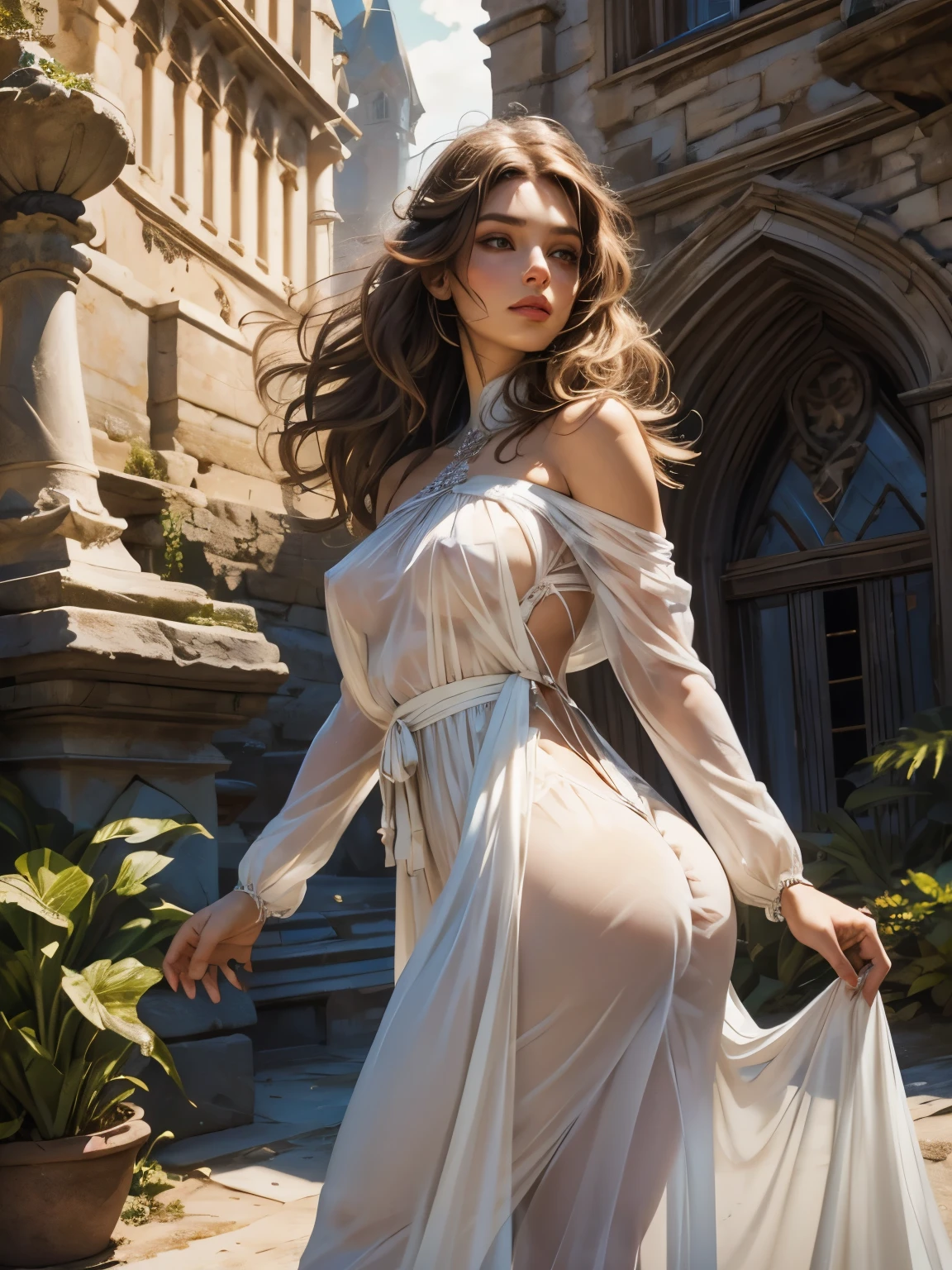 ((Medieval fantasy setting)). Tags: super detail, high details, high quality, best quality, highres, 4K, detailed face, face fix, detailed hands, detailed fingers, portret, 1girl "Echo is a 22-year-old half-elf. She has light brown skin. Thick light chestnut hair with caramel highlights and soft waves. Brown eyes with green hues. Her beautiful face is oval with soft features and pronounced cheekbones. She has full and attractive lips with a natural blush. A slight scar over her right eyebrow. Her ears are small like a human's but pointed like an elf's. Her physique is athletic and slim, she toned and flexible. She has a round and elastic body shapes."
Clothing. Style: Short sundress with a loose cut that barely reaches the middle of the thighs. The upper part is strapless, with a wide stripe that emphasizes the chest. The skirt flutters in the wind, creating an effect of lightness and freedom.
Color: White or pale blue.
Details: The dress is completely transparent, with a sewn-in lining in the chest area. At the bottom of the sundress is a decorative lace edge, which gives it tenderness and femininity.
Background: Rest in nature. A walk along an exotic fantasy-medieval beach.
Tags: (See-Through Nipples, Visible Nipples, Nipple Outline, covered nipples, Hard Nipples), (See-Through Camel Toe, covered pussy), (See-Through Ass, Ass Outline), (Butt Crack)