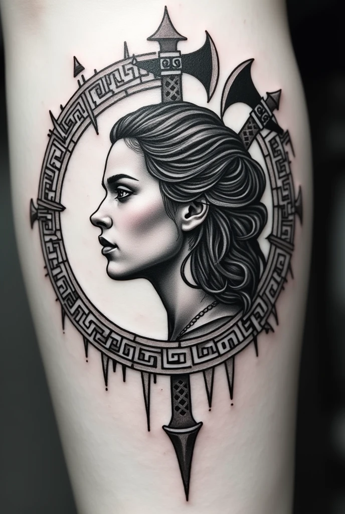 Black and white stippling tattoo of a profile with Viking runes and sharp axes referencing the birth of a baby girl baby baby