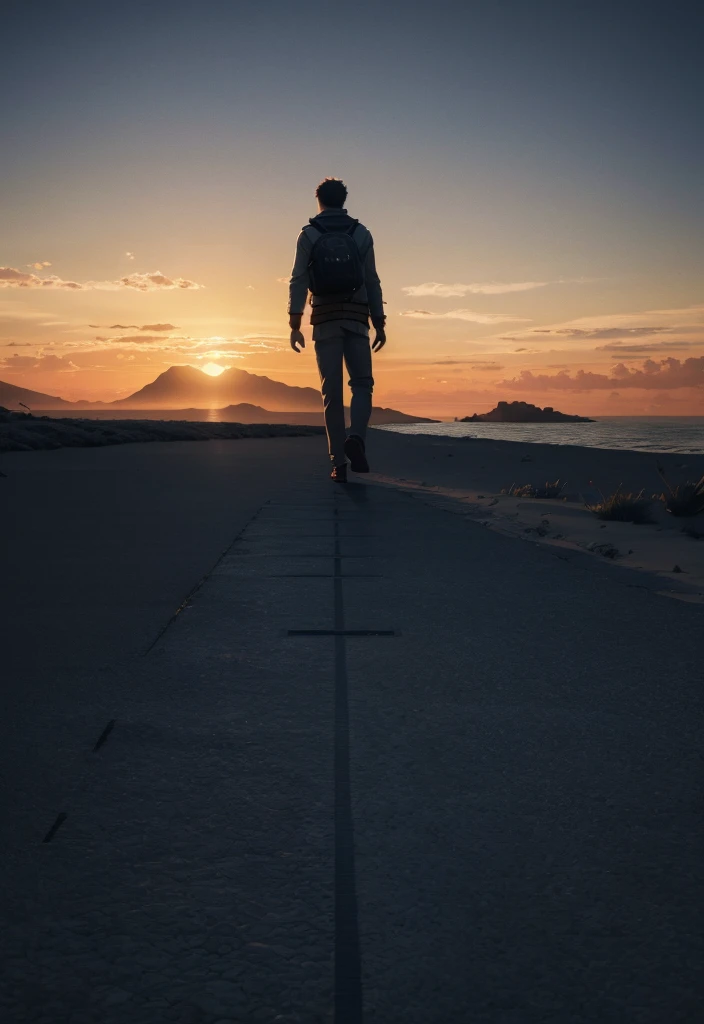 photorealistic landscape, Natural landscapes, naturals, Natural Beauties, golden sunset, sky, sky Power, Detailed Realistic Sunset, palmtrees, mountainous landscape, Rivers of water, Realism Sunset, natural trees, Man Man Alone, Alpha Male, Path to Heaven, heavenly, 8K Detailed Realistic Image, 16K Photorealistic Contrast, 8K Photorealistic Sharpness, 4K Photorealistic Cores, 16K Photorealistic Shadows, 8K Photorealistic Textures, 16K Photorealistic Texture, 4K Photorealistic Light, 4K PhotoRealism, FullHD 4K Detailed Contrast, detailed sharpness FullHD 8K, detailed sharpness FullHD 4K, detailed sharpness, 2K detailed colors, lifelike colors, FullHD Detailed Shadows, 4K Detailed Textures, detailed texture, padoru, sunshine light, seas, ocean, mountainscape, Divine Skies, 4K Detailed Realistic Panorama, Lonely Men, loneliness, loneliness, Natural Beauties, posh,