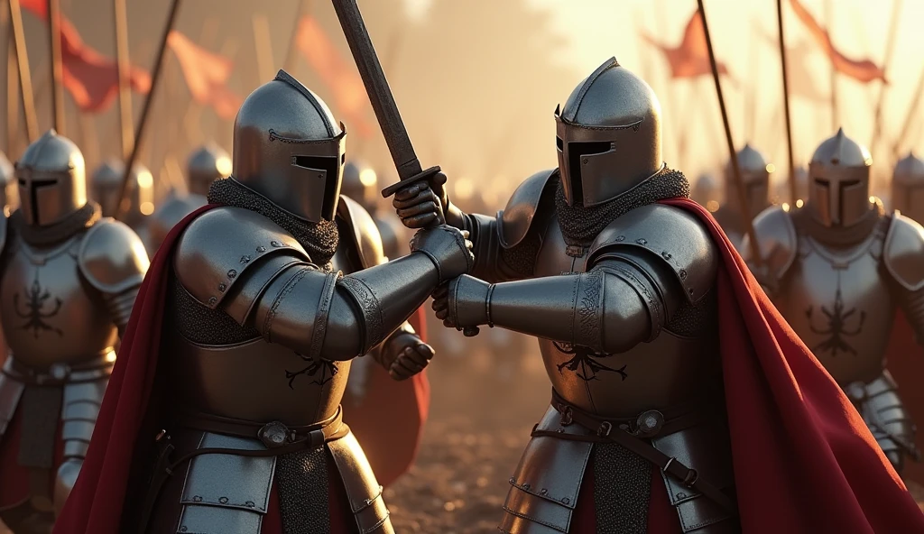 A highly realistic, high-contrast, 8K HD, detailed, hyper-detailed image of medieval knights fiercely engaged in battle, fighting with unwavering strength and determination. The knights, clad in steel armor with lion emblems on their tunics and armor, and helmets fully covering their faces, are seen in the heat of combat, their swords clashing with those of their enemies. The scene captures the intensity and power of the knights as they push forward, refusing to yield despite the chaos around them. Their movements are precise and forceful, reflecting their resolve to win the battle. The atmosphere is charged with energy, showcasing the raw power and bravery of the knights as they continue to fight with all their might. The image is of the highest quality, with ultra-high resolution, RAW photo quality, and Unreal Engine rendering, portraying the relentless spirit of the knights as they fight on, with the lion emblem prominently displayed on their armor.