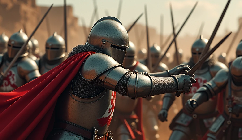 A highly realistic, high-contrast, 8K HD, detailed, hyper-detailed image of medieval knights fiercely engaged in battle, fighting with unwavering strength and determination. The knights, clad in steel armor with lion emblems on their tunics and armor, and helmets fully covering their faces, are seen in the heat of combat, their swords clashing with those of their enemies. The scene captures the intensity and power of the knights as they push forward, refusing to yield despite the chaos around them. Their movements are precise and forceful, reflecting their resolve to win the battle. The atmosphere is charged with energy, showcasing the raw power and bravery of the knights as they continue to fight with all their might. The image is of the highest quality, with ultra-high resolution, RAW photo quality, and Unreal Engine rendering, portraying the relentless spirit of the knights as they fight on, with the lion emblem prominently displayed on their armor.