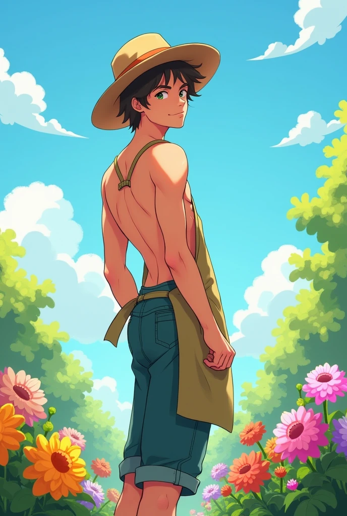 gardener, A naked man in an apron and a straw hat. rear view in a half-turn. naked butt. in anime style