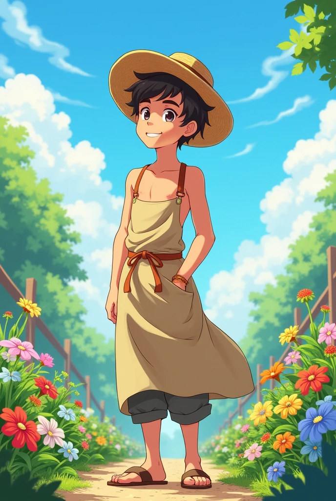 gardener, A naked man in an apron and a straw hat. rear view in a half-turn. naked butt. in anime style